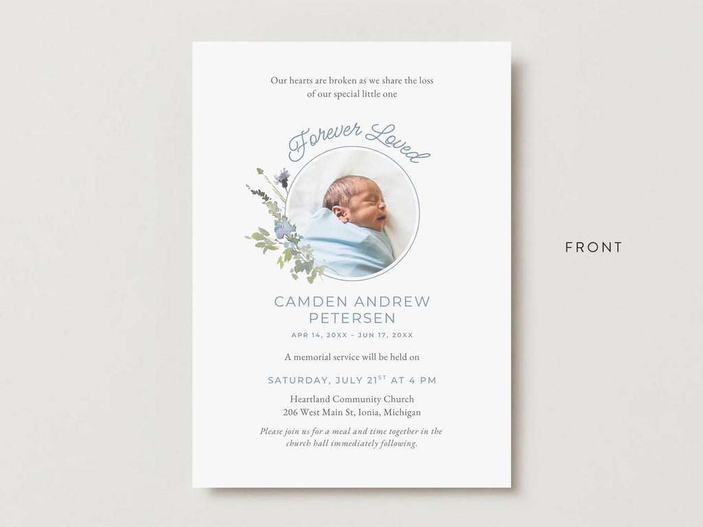 Blue Wildflower Infant Loss Memorial Invitation | Canva Template (5x7 in)