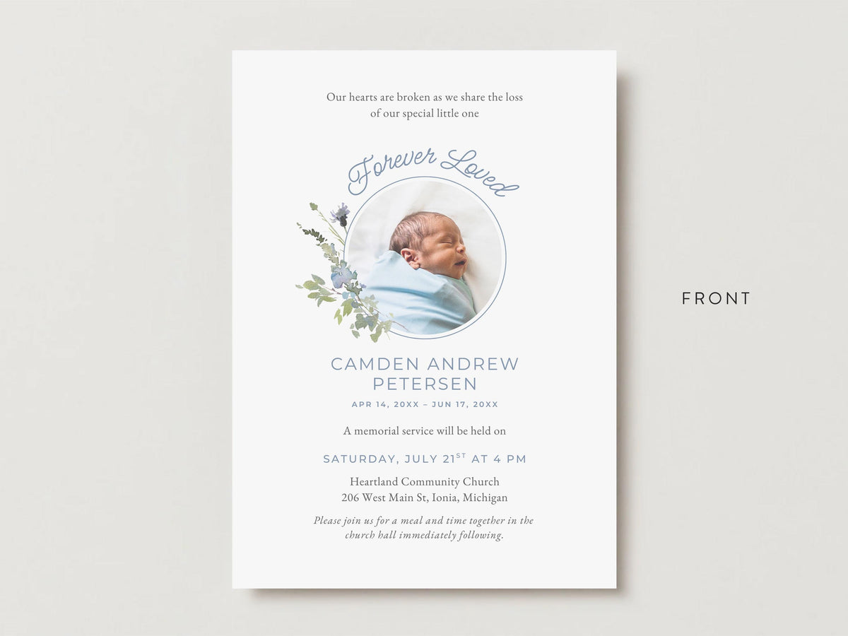 Blue Wildflower Infant Loss Memorial Invitation | Canva Template (5x7 in)