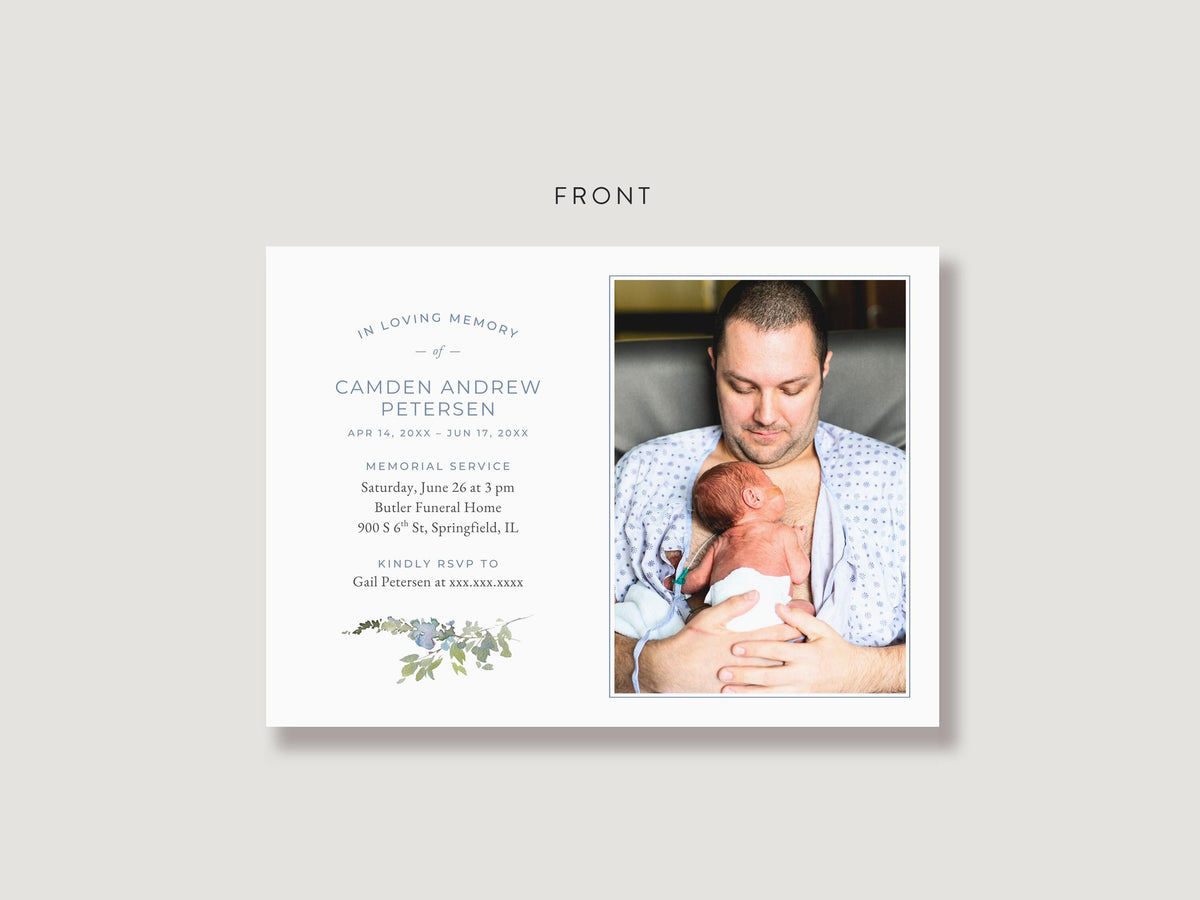 Blue Wildflower Infant Loss Memorial Invitation | Canva Template (7x5 in)