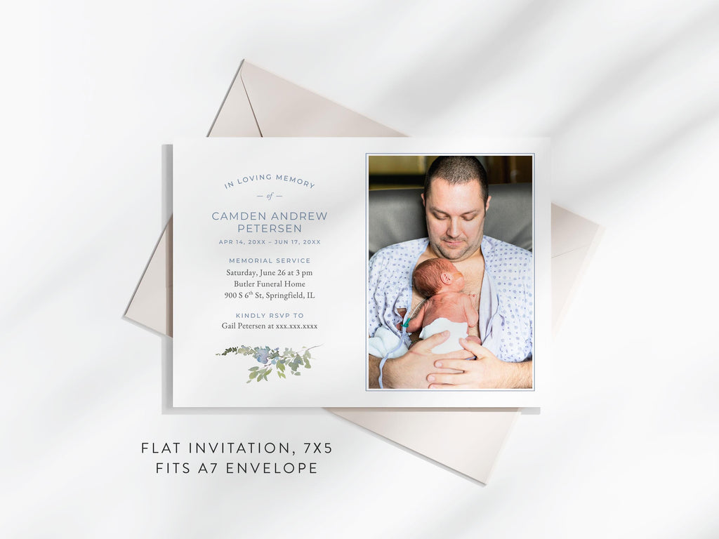 Blue Wildflower Infant Loss Memorial Invitation | Canva Template (7x5 in)