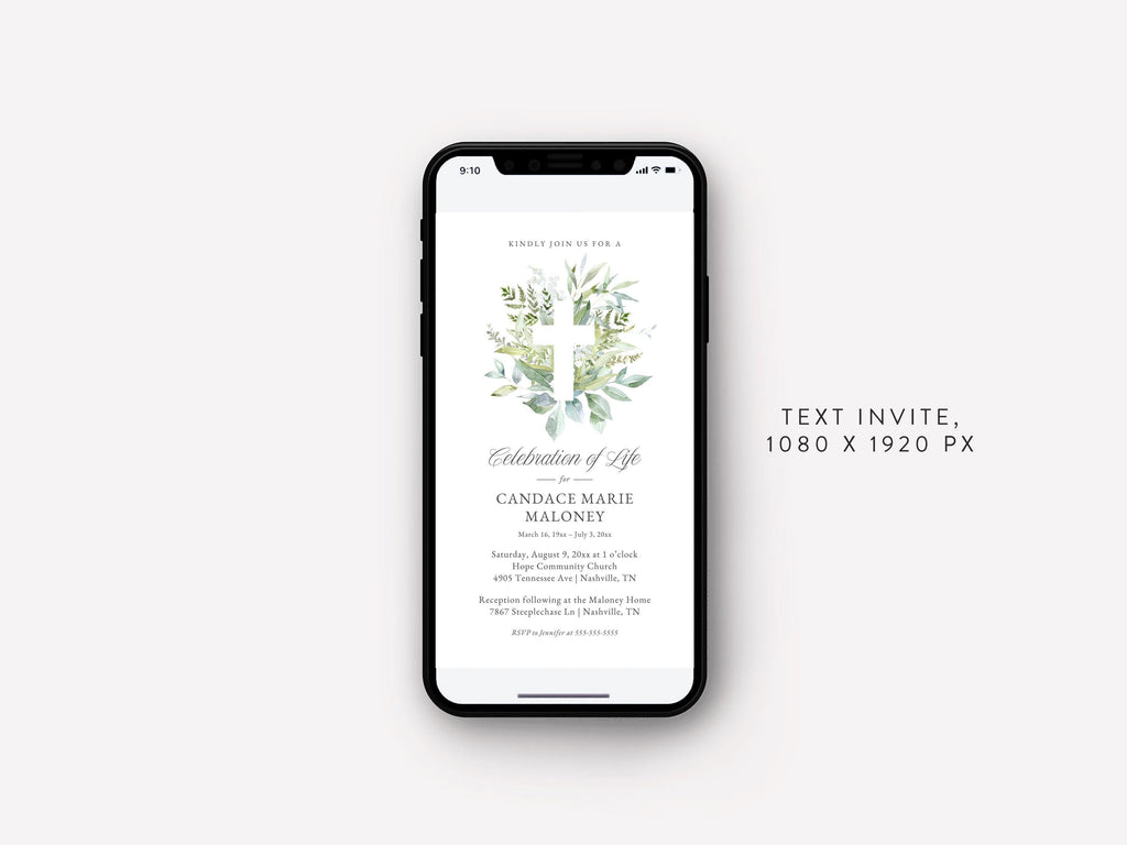 Greenery Cross Memorial Text Invite | Canva Template (1080x1920 px)