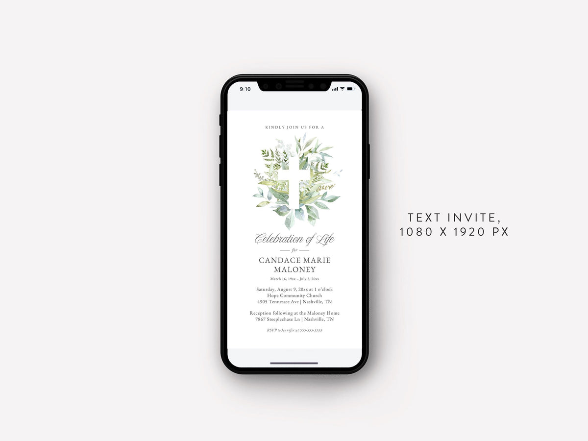 Greenery Cross Memorial Text Invite | Canva Template (1080x1920 px)