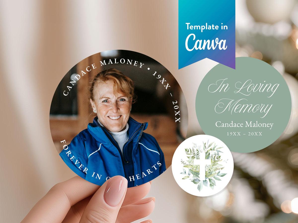 Greenery Cross Round Favor Stickers | Canva Template (2x2, 3x3, 4x4 in)