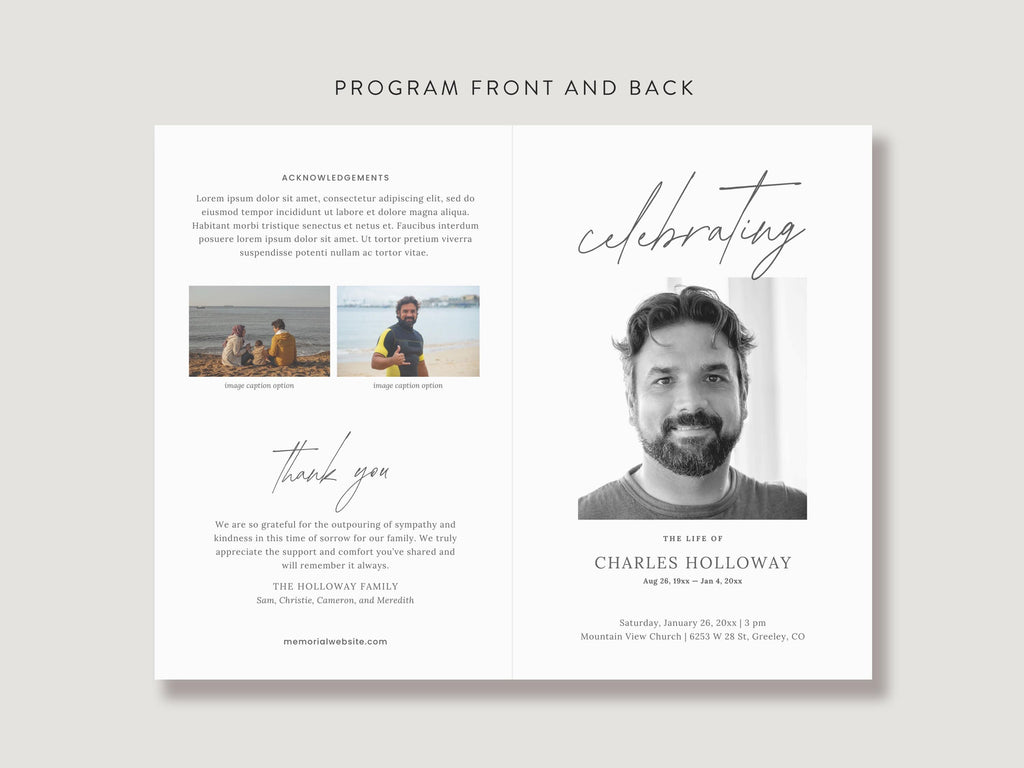 Modern Minimal Memorial Program | Canva Template (Folded 8.5x11 in, A4)