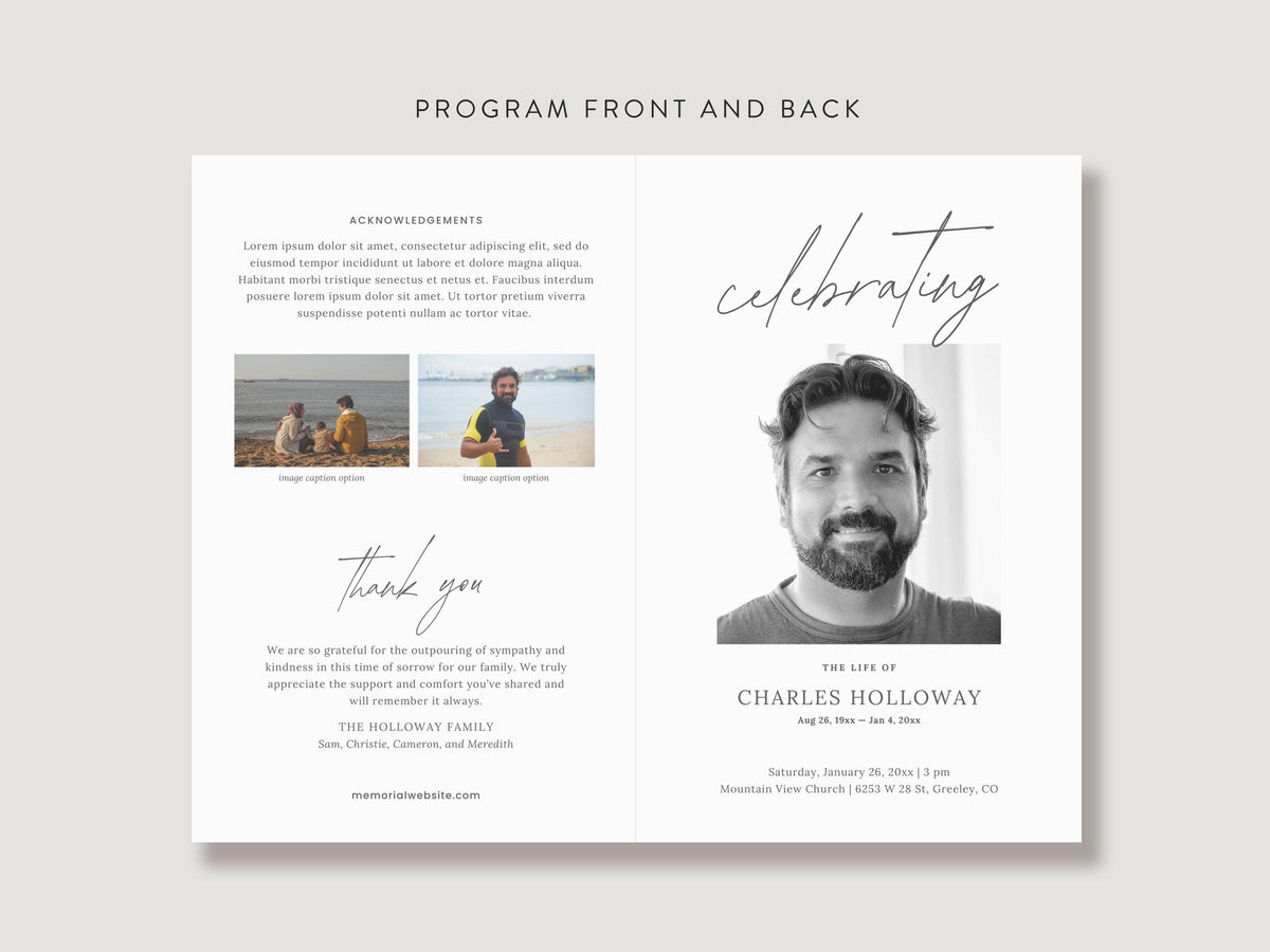 Modern Minimal Memorial Program | Canva Template (Folded 8.5x11 in, A4)