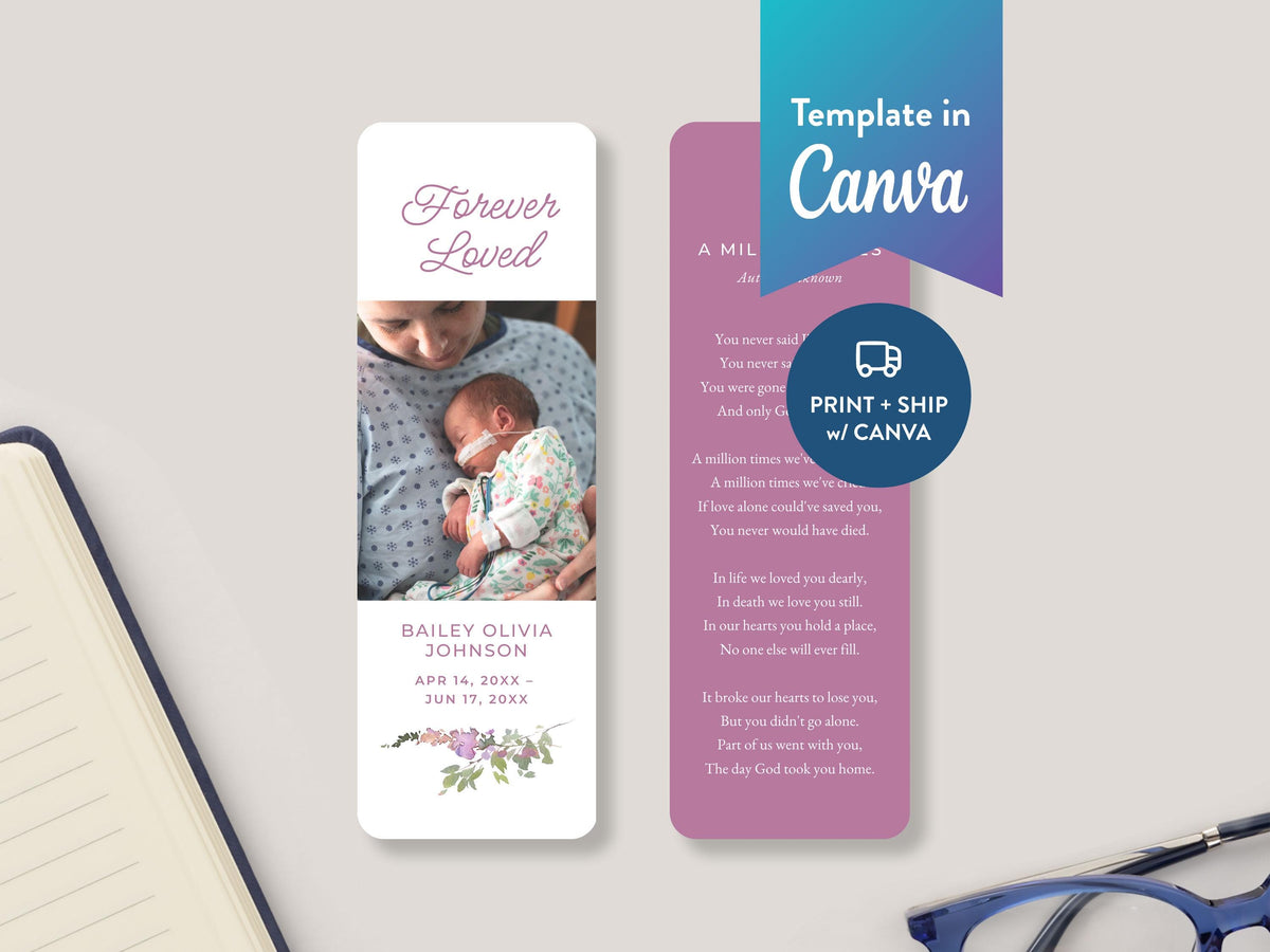 Infant Loss Pink Wildflower Funeral Bookmark | Canva Template (2x6 in)