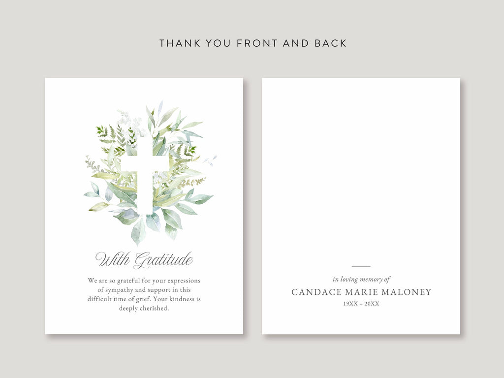Greenery Cross Memorial Thank You | Canva Template (Flat, 4.25x5.5 in)