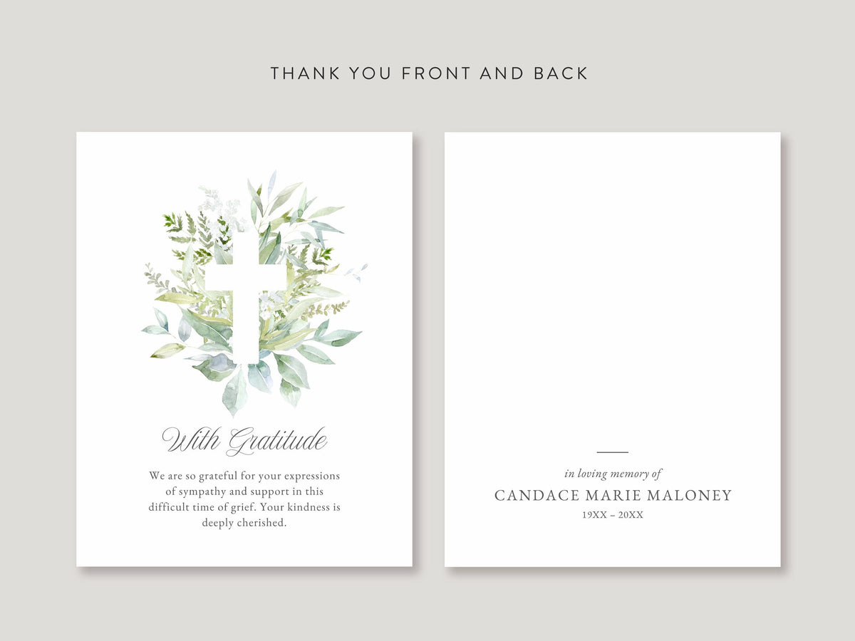 Greenery Cross Memorial Thank You | Canva Template (Flat, 4.25x5.5 in)