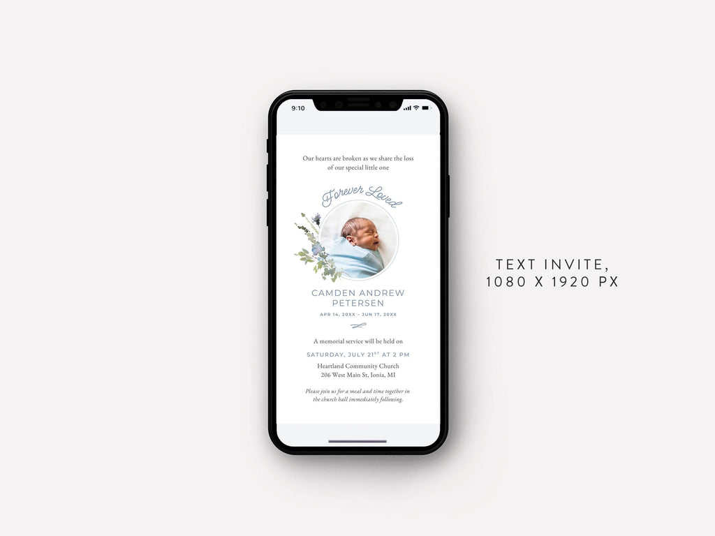 Blue Wildflower Infant Loss Memorial Text Invite | Canva Template (1080x1920 px)