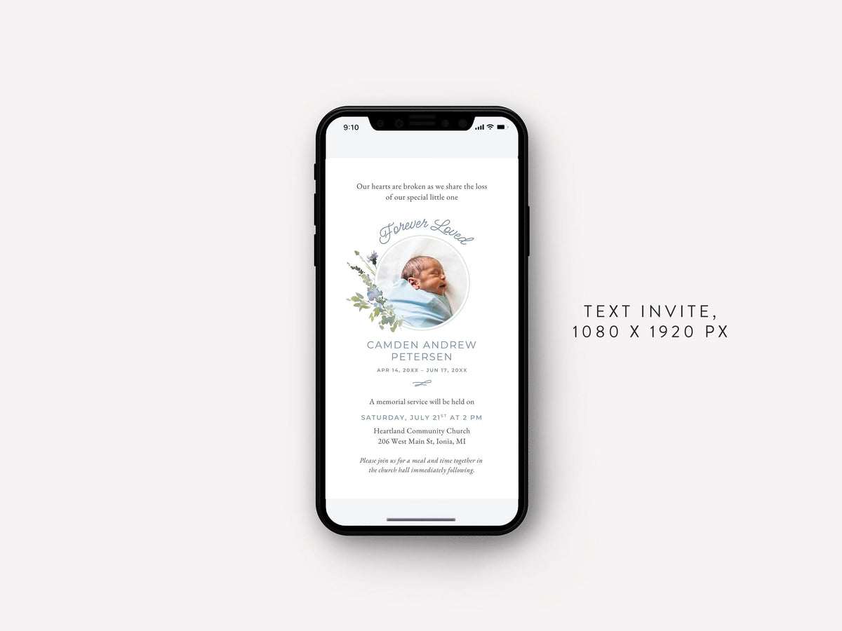 Blue Wildflower Infant Loss Memorial Text Invite | Canva Template (1080x1920 px)