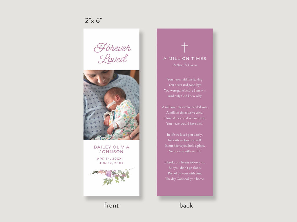 Infant Loss Pink Wildflower Funeral Bookmark | Canva Template (2x6 in)