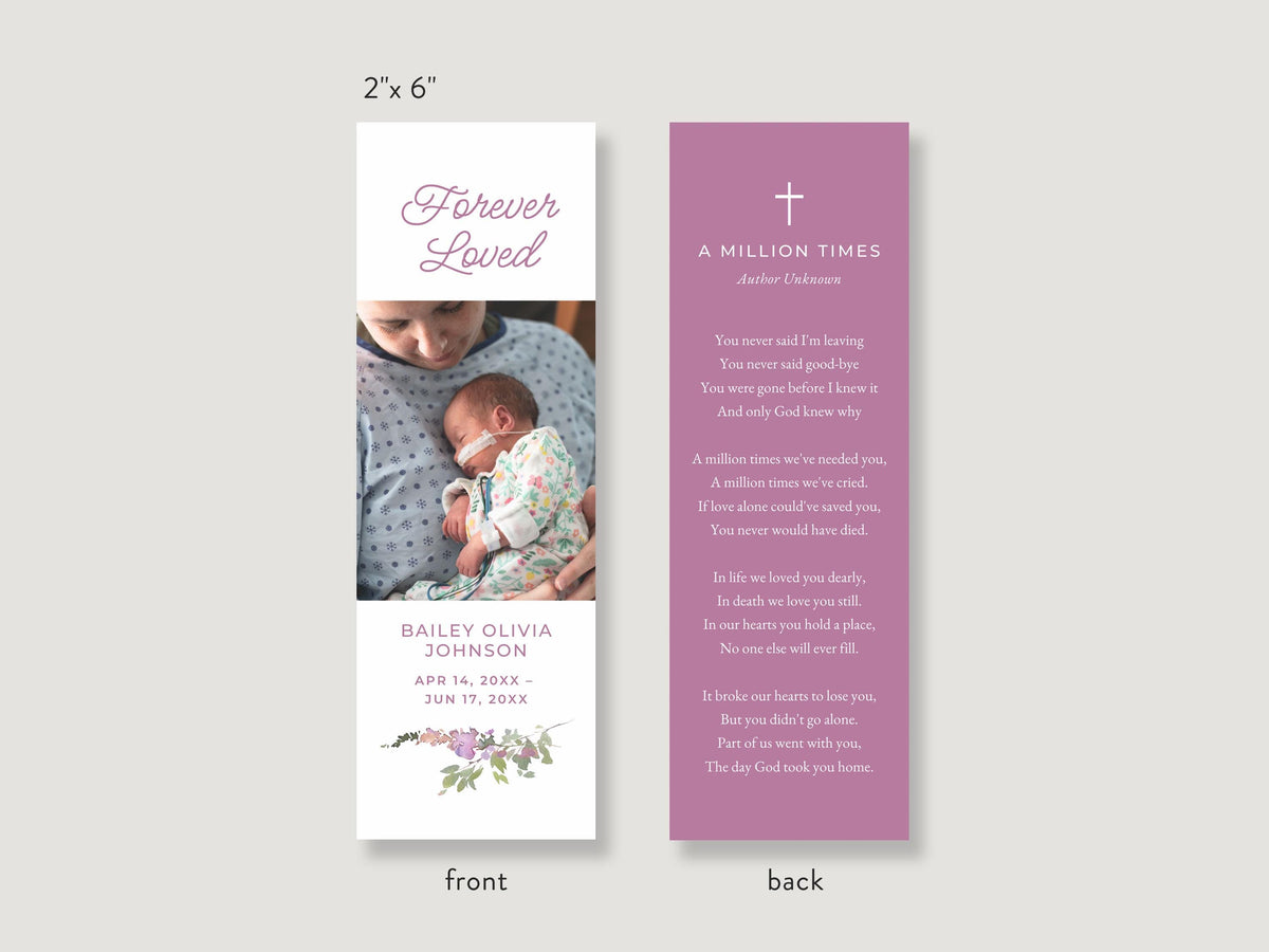 Infant Loss Pink Wildflower Funeral Bookmark | Canva Template (2x6 in)