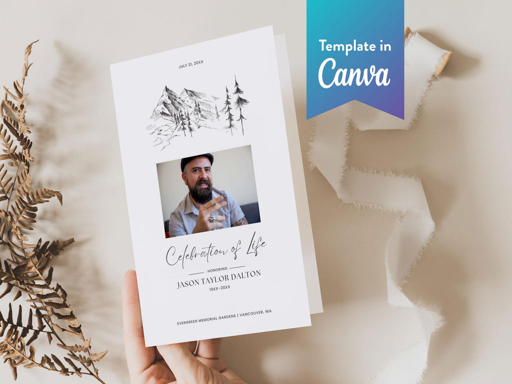 Mountain Sketch Memorial Program | Canva Template (Folded 8.5x11 in, A4)