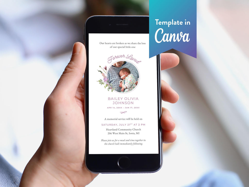 Pink Wildflower Infant Loss Memorial Text Invite | Canva Template (1080x1920 px)