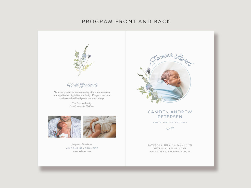 Blue Wildflower Infant Loss Memorial Program | Canva Template (Folded 8.5x11 in, A4)