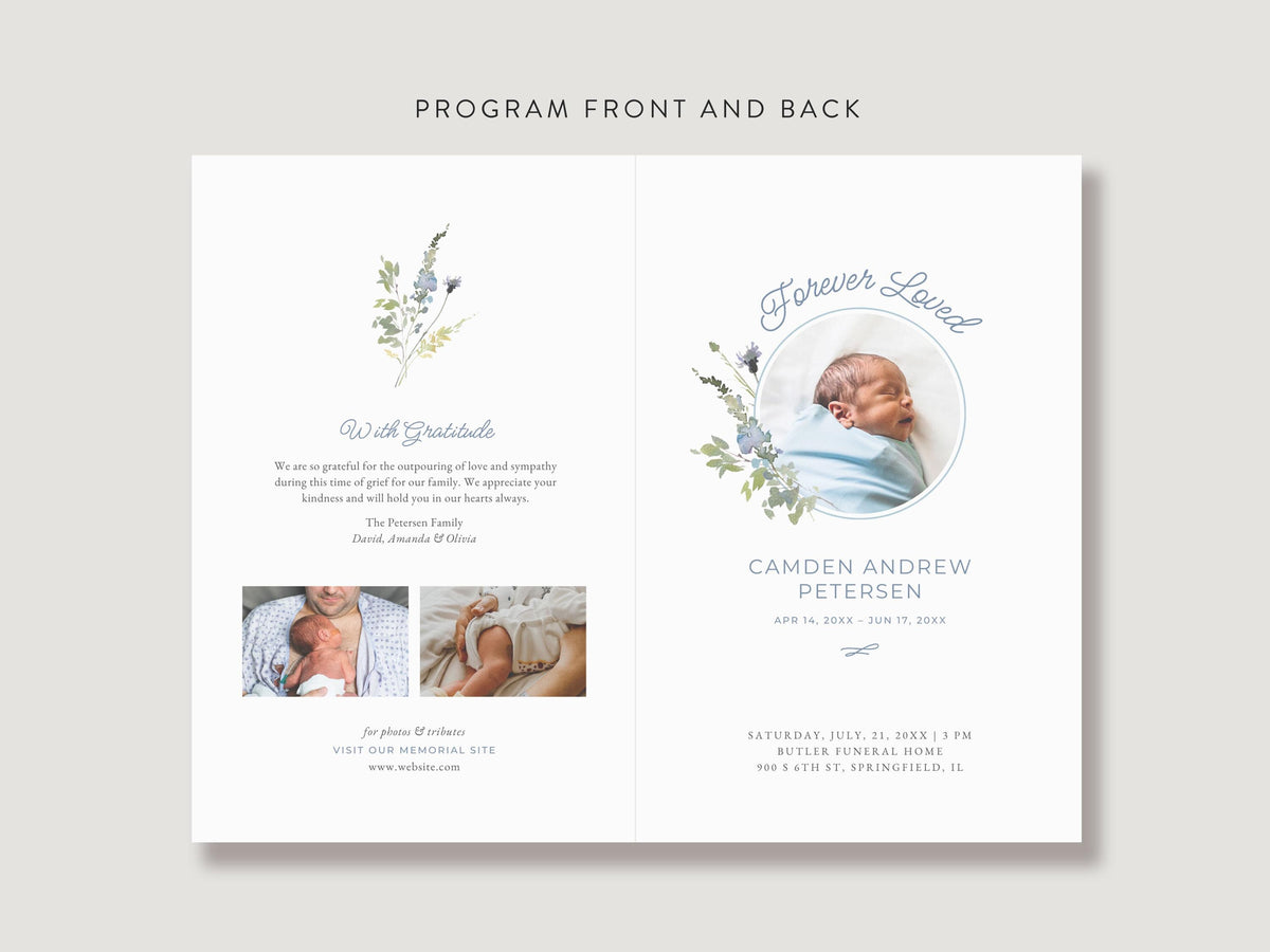 Blue Wildflower Infant Loss Memorial Program | Canva Template (Folded 8.5x11 in, A4)