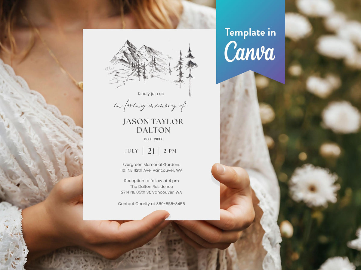 Mountain Sketch Memorial Invitation | Canva Template (5x7 in)