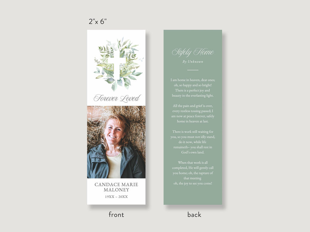 Greenery Cross Funeral Bookmark | Canva Template (2x6 in)