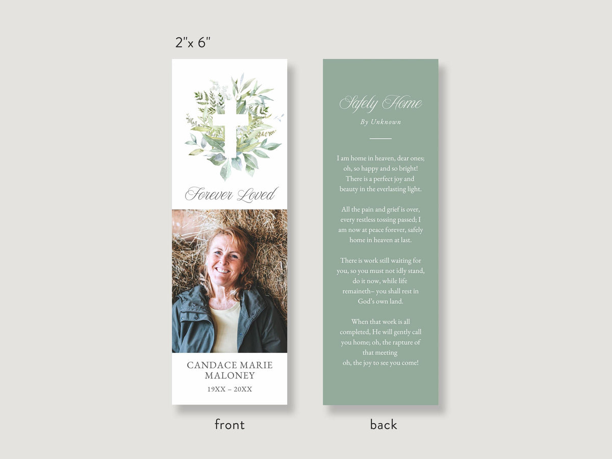 Greenery Cross Funeral Bookmark | Canva Template (2x6 in)