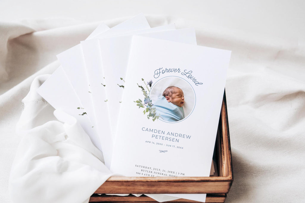 Blue Wildflower Infant Loss Memorial Program | Canva Template (Folded 8.5x11 in, A4)