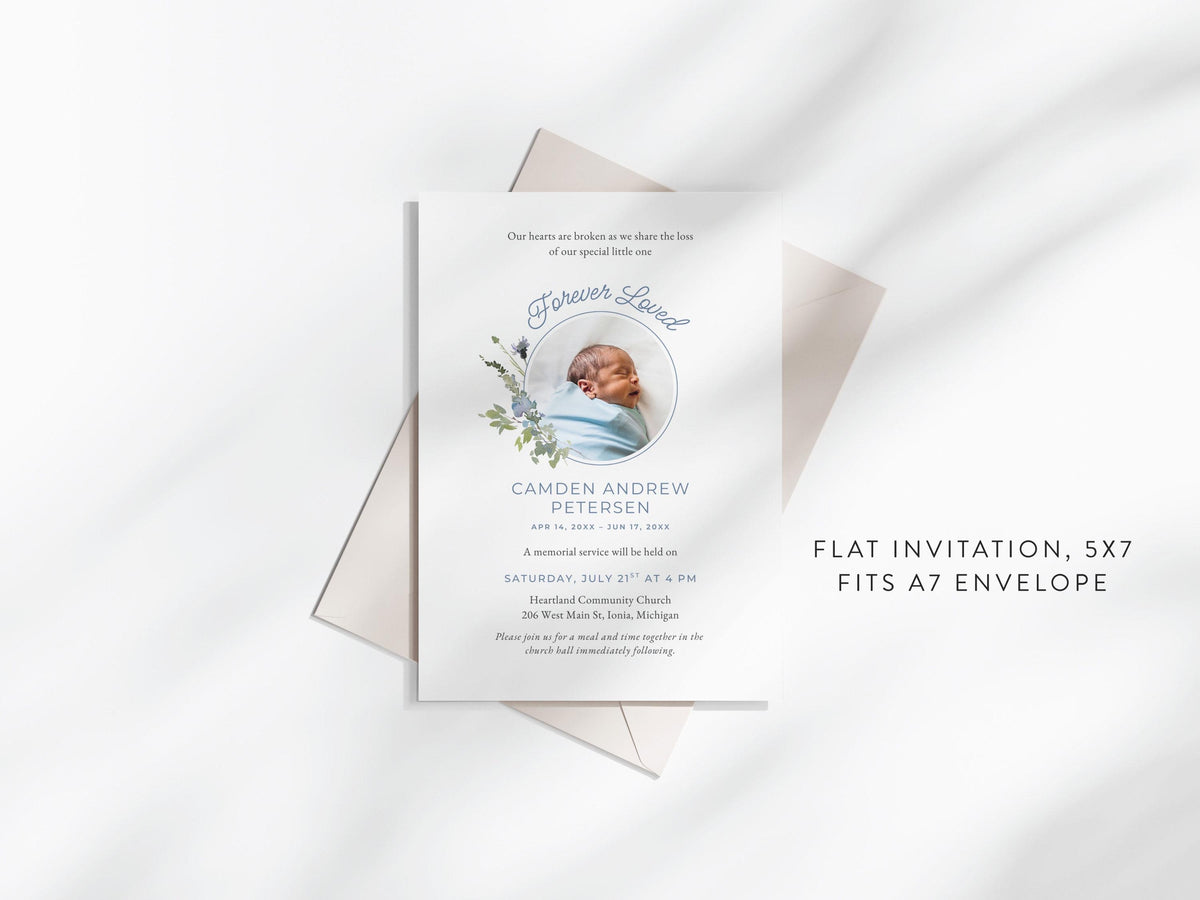 Blue Wildflower Infant Loss Memorial Invitation | Canva Template (5x7 in)