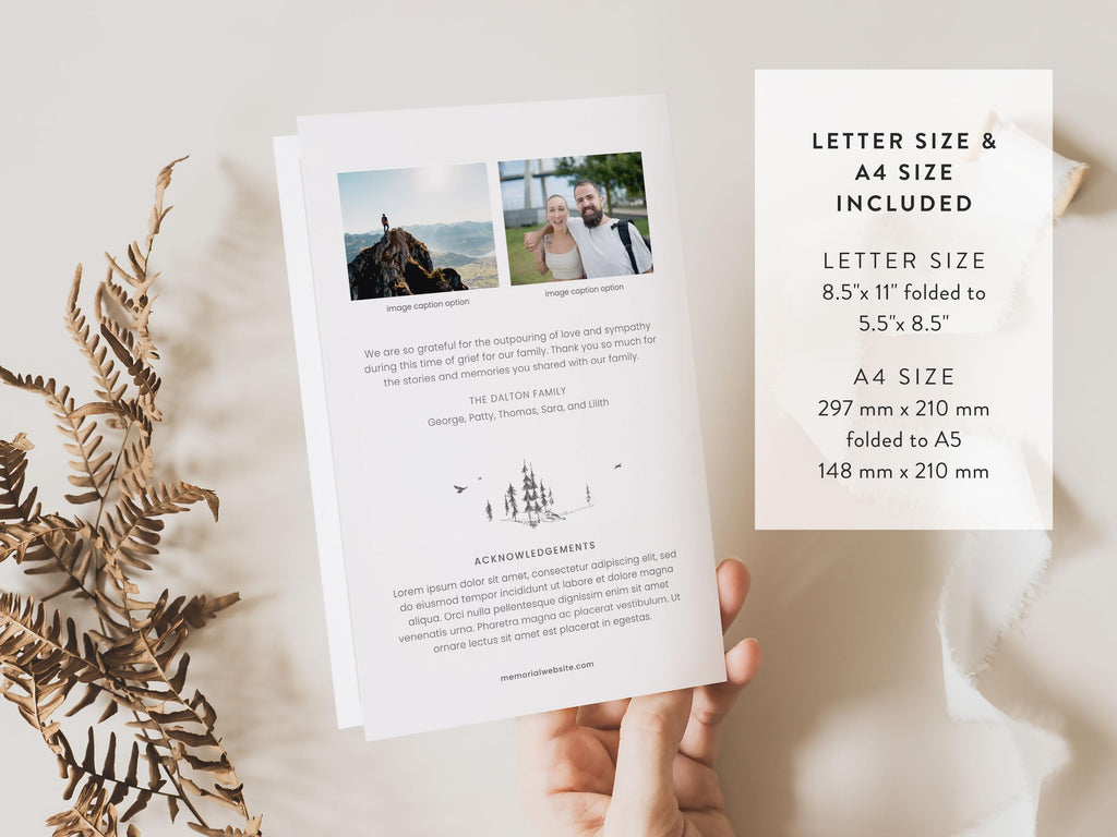 Mountain Sketch Memorial Program | Canva Template (Folded 8.5x11 in, A4)