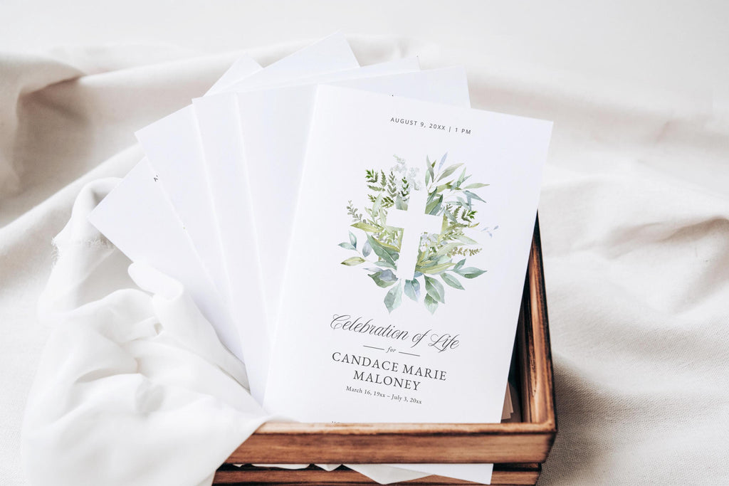 Greenery Cross Memorial Program | Canva Template (Folded 8.5x11 in, A4)