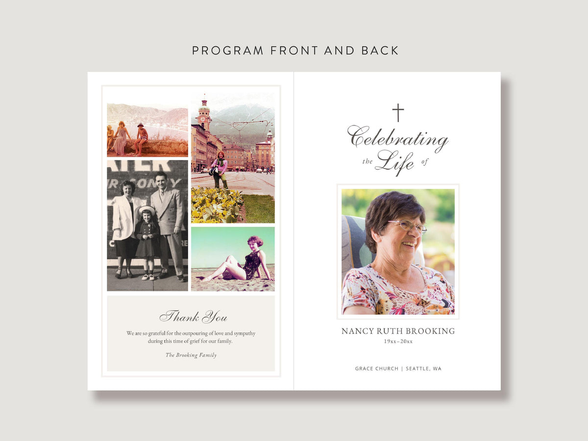 Simple Photo Collage Memorial Program | Canva Template (Folded 8.5x11 in, A4)