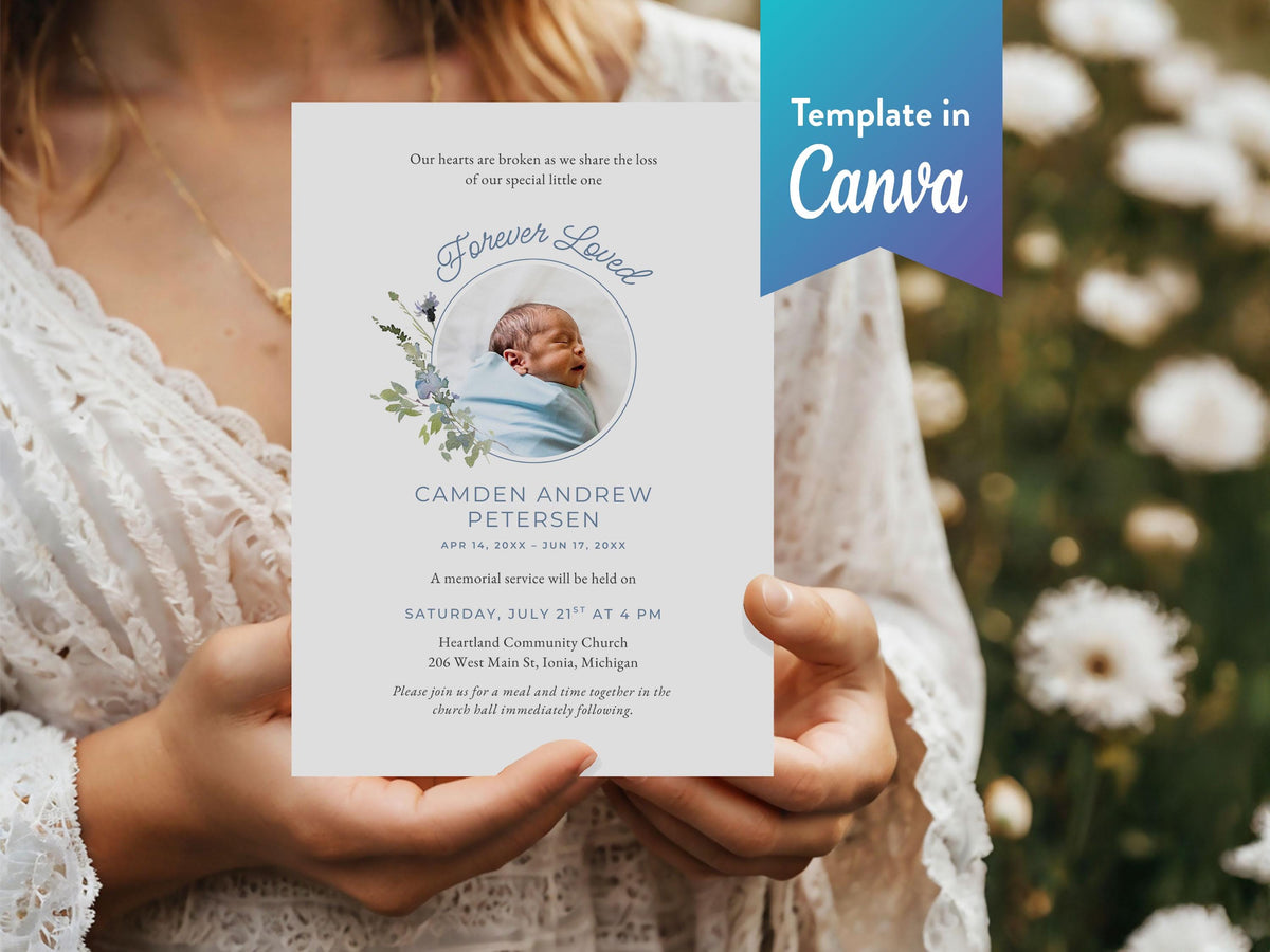 Blue Wildflower Infant Loss Memorial Invitation | Canva Template (5x7 in)