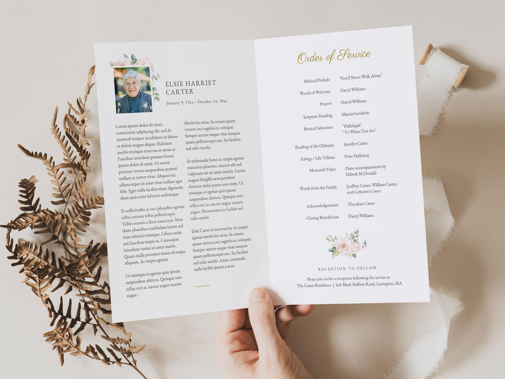 Floral Cross Memorial Program | Canva Template (Folded 8.5x11 in, A4)