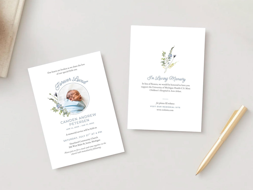 Blue Wildflower Infant Loss Memorial Invitation | Canva Template (5x7 in)
