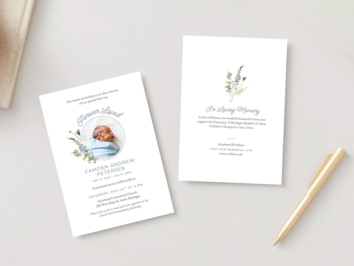 Blue Wildflower Infant Loss Memorial Invitation | Canva Template (5x7 in)
