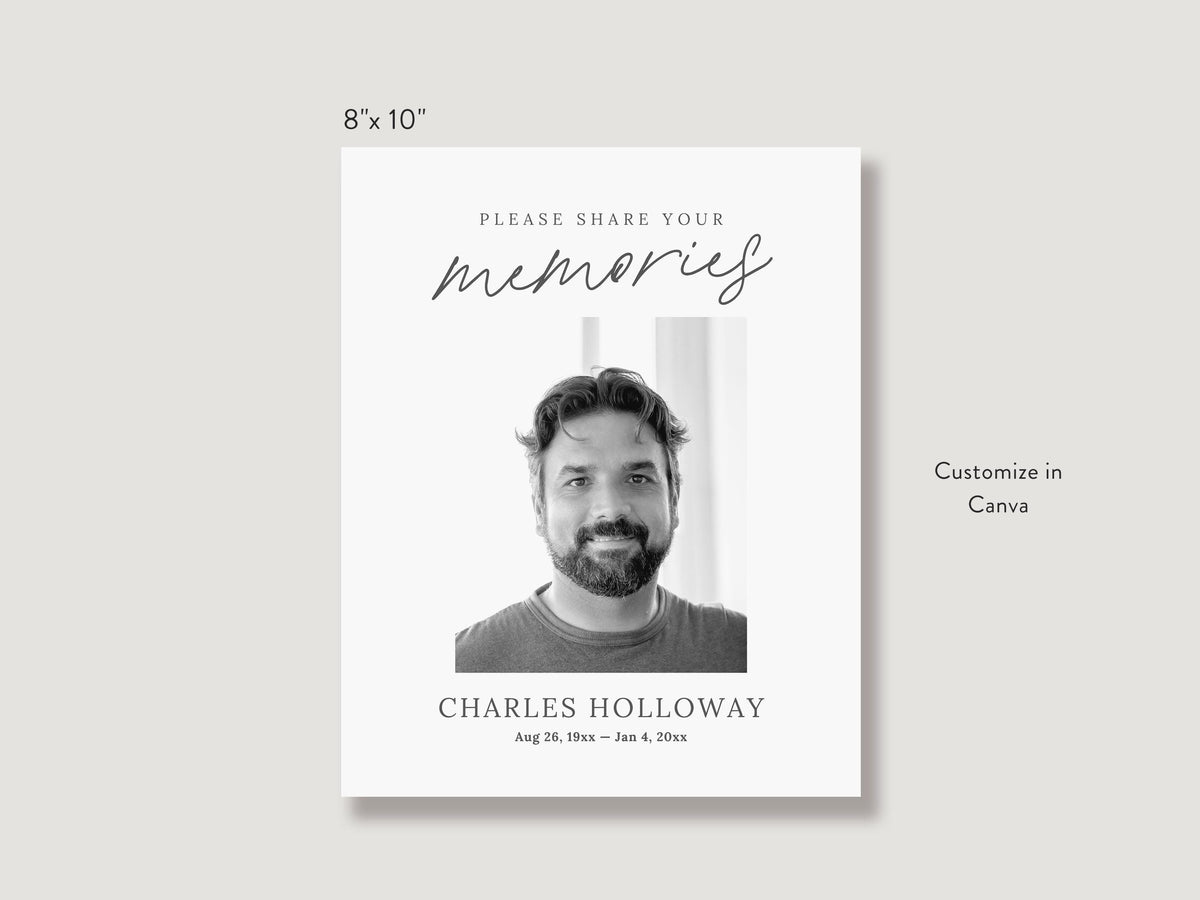 Modern Minimal Share a Memory Sign and Card Set | Canva Template (8x10 in, 6x4 in)