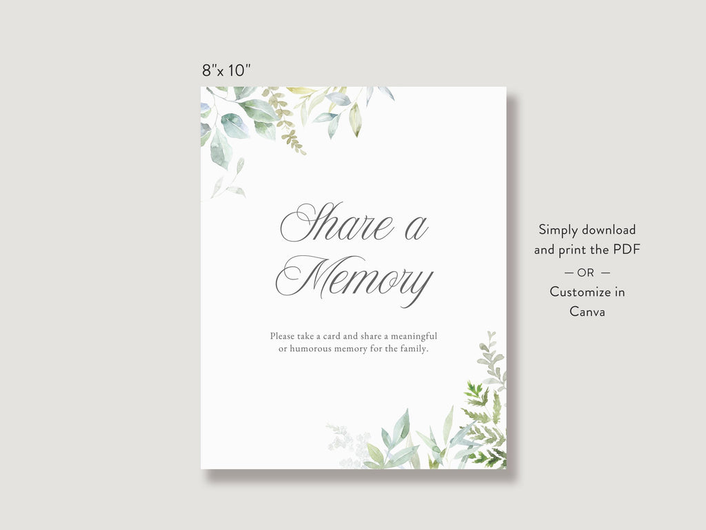 Greenery Share a Memory Sign and Card Set | Canva Template (8x10 in, 6x4 in)