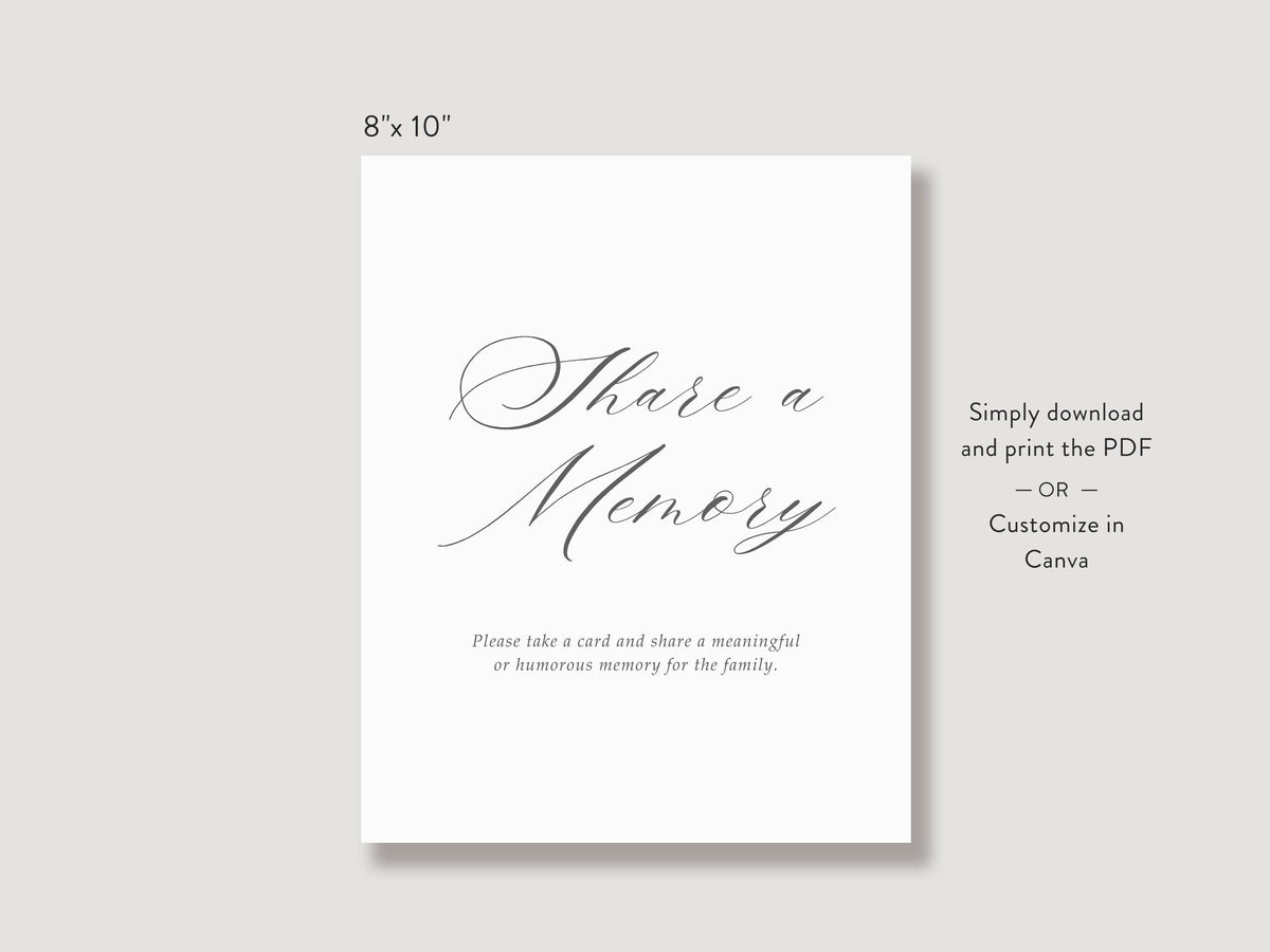 Classic Elegance Share a Memory Sign and Card Set | Canva Template (8x10 in, 6x4 in)