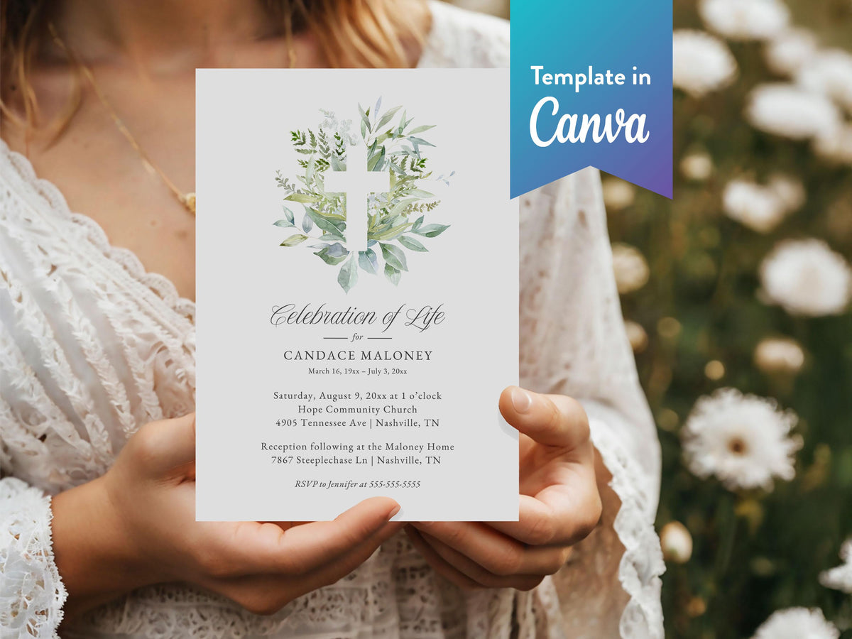 Greenery Cross Memorial Invitation | Canva Template (5x7 in)