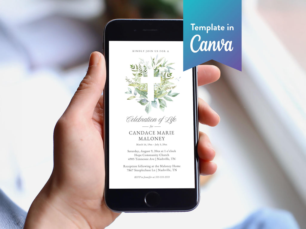 Greenery Cross Memorial Text Invite | Canva Template (1080x1920 px)