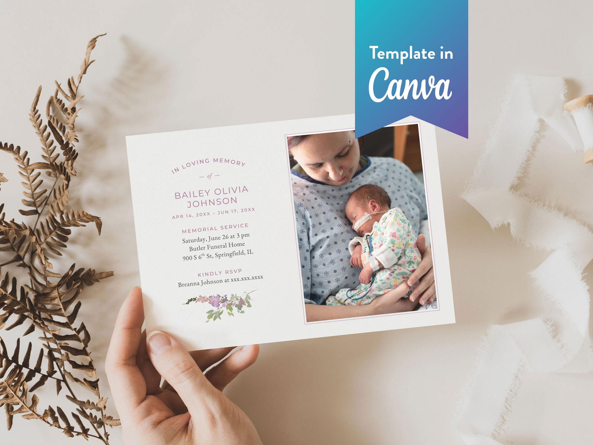 Pink Wildflower Infant Loss Memorial Invitation | Canva Template (7x5 in)