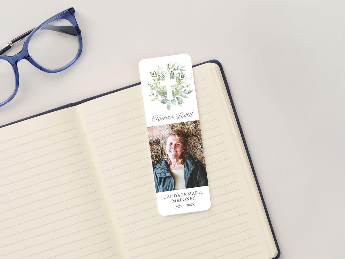 Greenery Cross Funeral Bookmark | Canva Template (2x6 in)