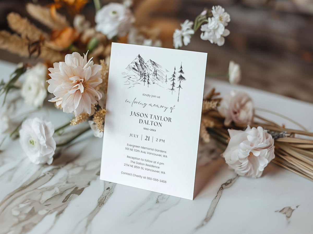Mountain Sketch Memorial Invitation | Canva Template (5x7 in)