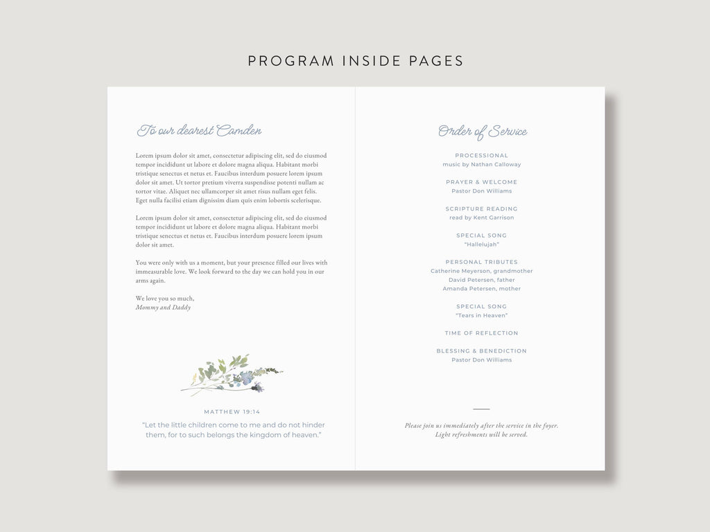 Blue Wildflower Infant Loss Memorial Program | Canva Template (Folded 8.5x11 in, A4)