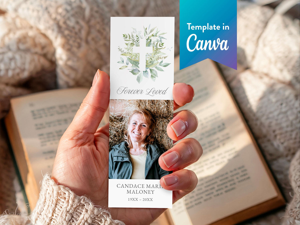 Greenery Cross Funeral Bookmark | Canva Template (2x6 in)