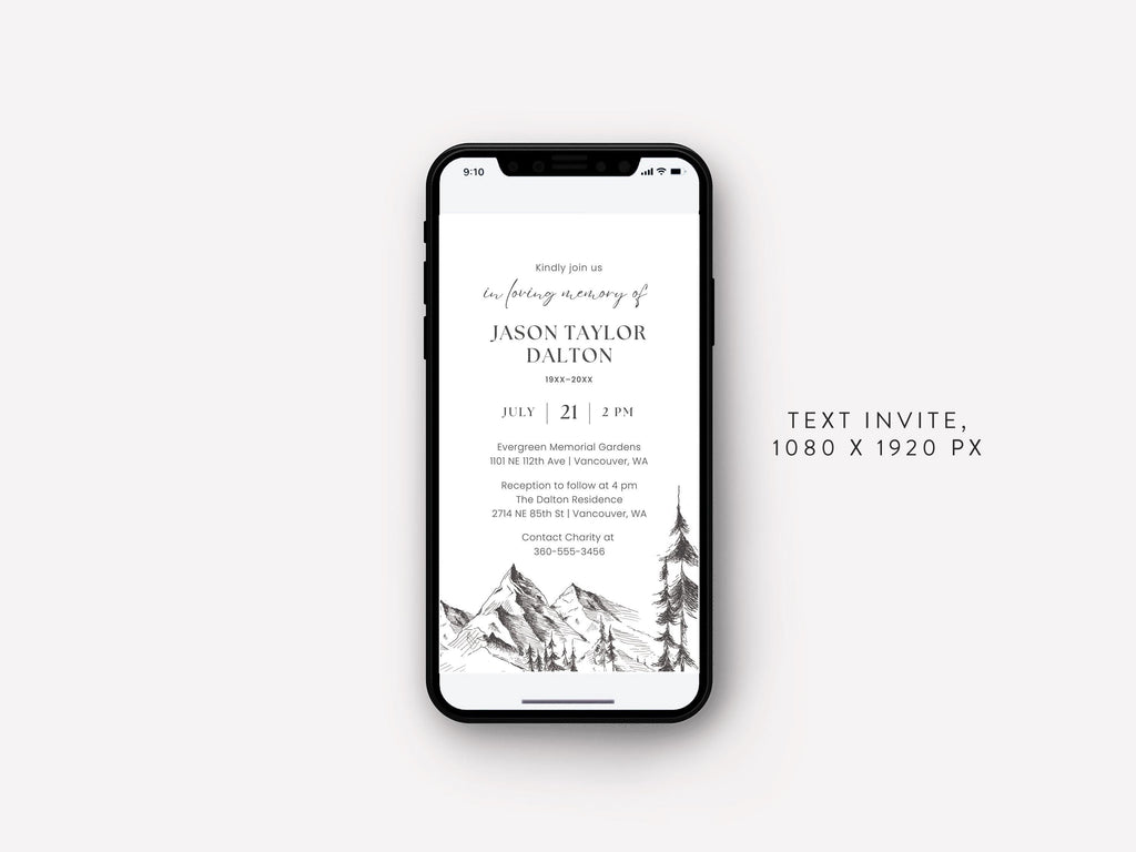 Mountain Sketch Memorial Text Invite | Canva Template (1080x1920 px)