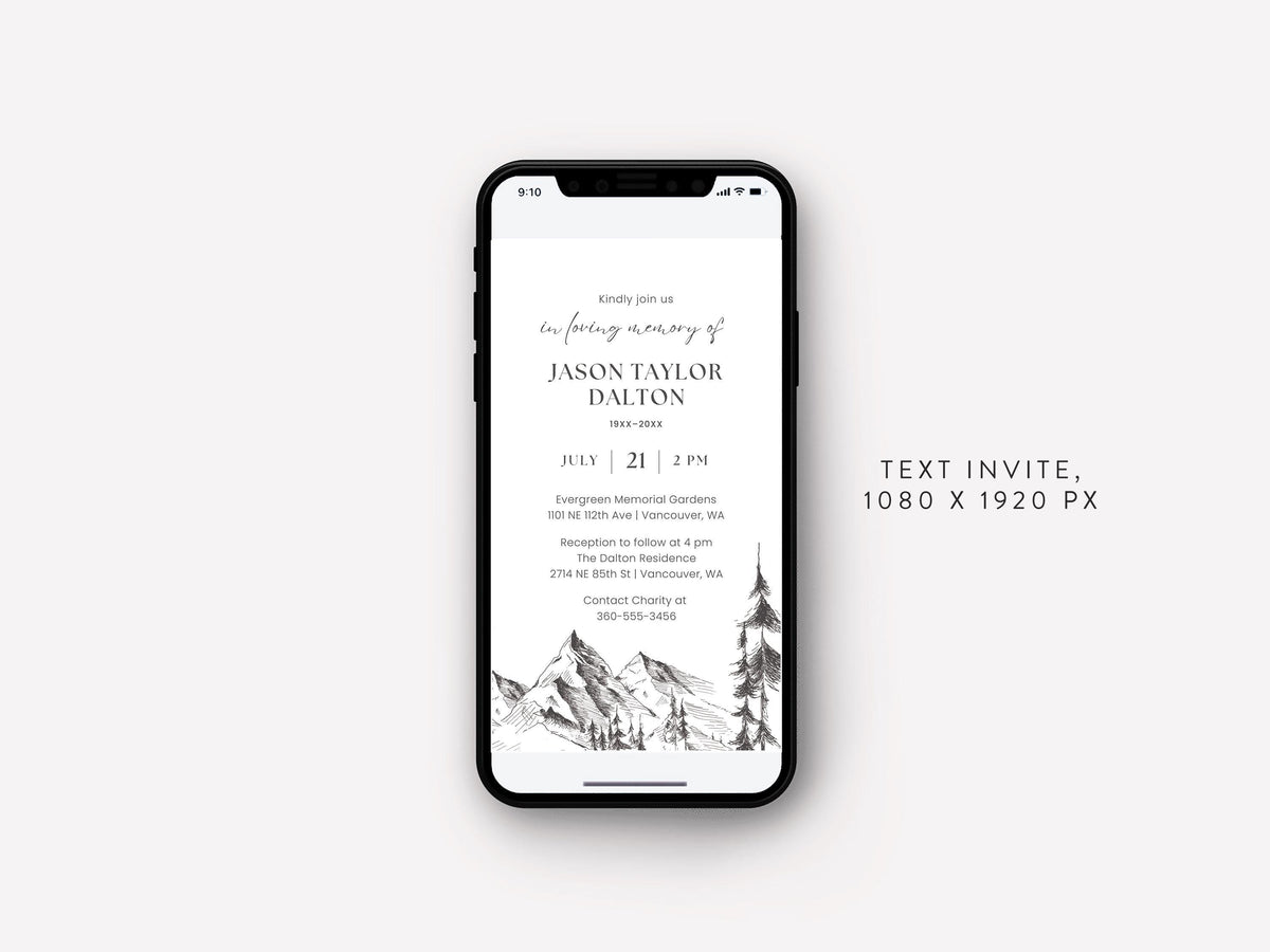 Mountain Sketch Memorial Text Invite | Canva Template (1080x1920 px)