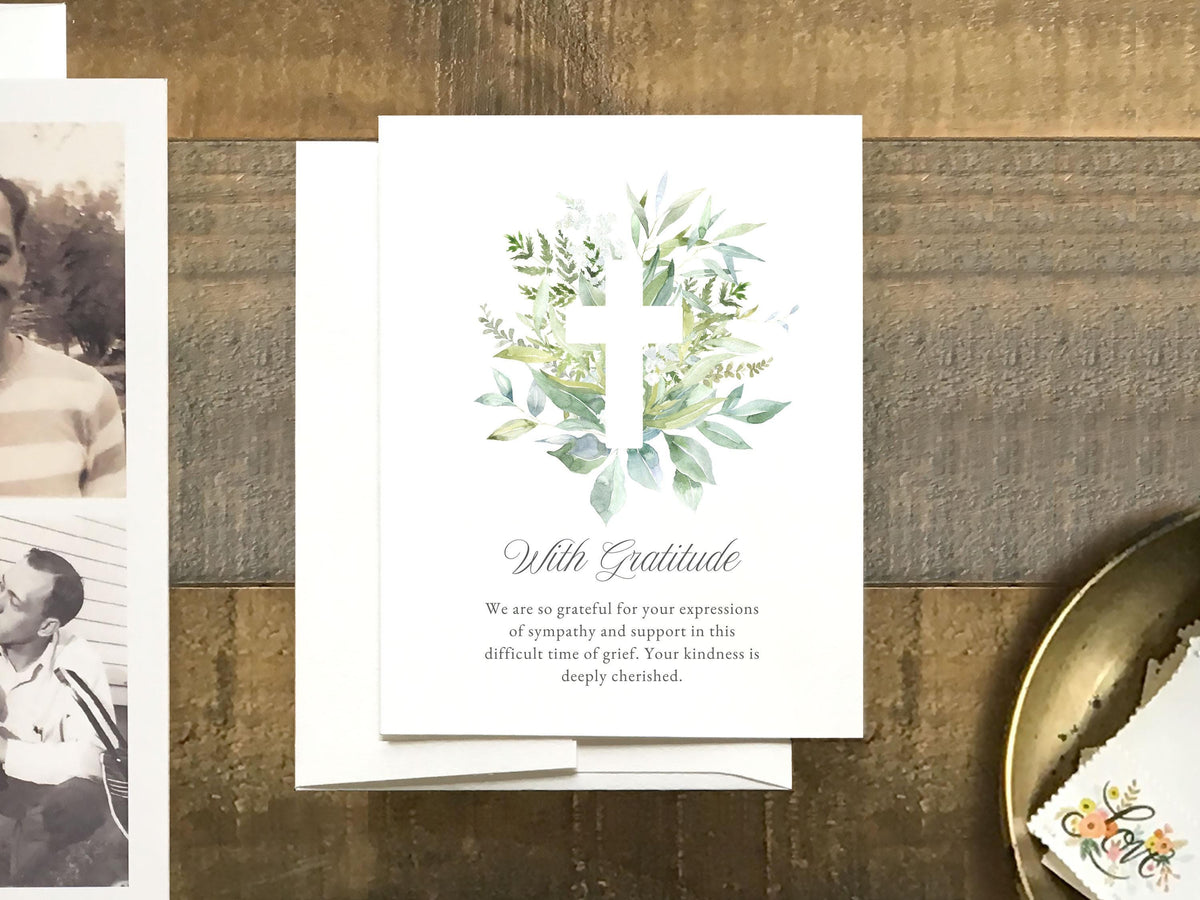 Greenery Cross Memorial Thank You | Canva Template (Flat, 4.25x5.5 in)