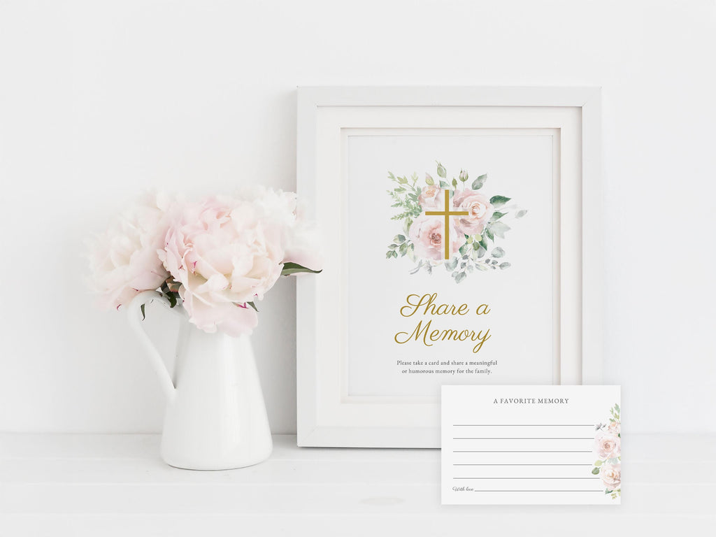Floral Cross Share a Memory Sign and Card Set | Canva Template (8x10 in, 6x4 in)