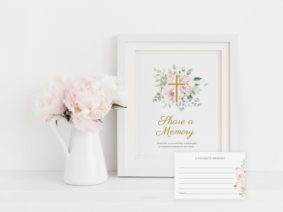 Floral Cross Share a Memory Sign and Card Set | Canva Template (8x10 in, 6x4 in)