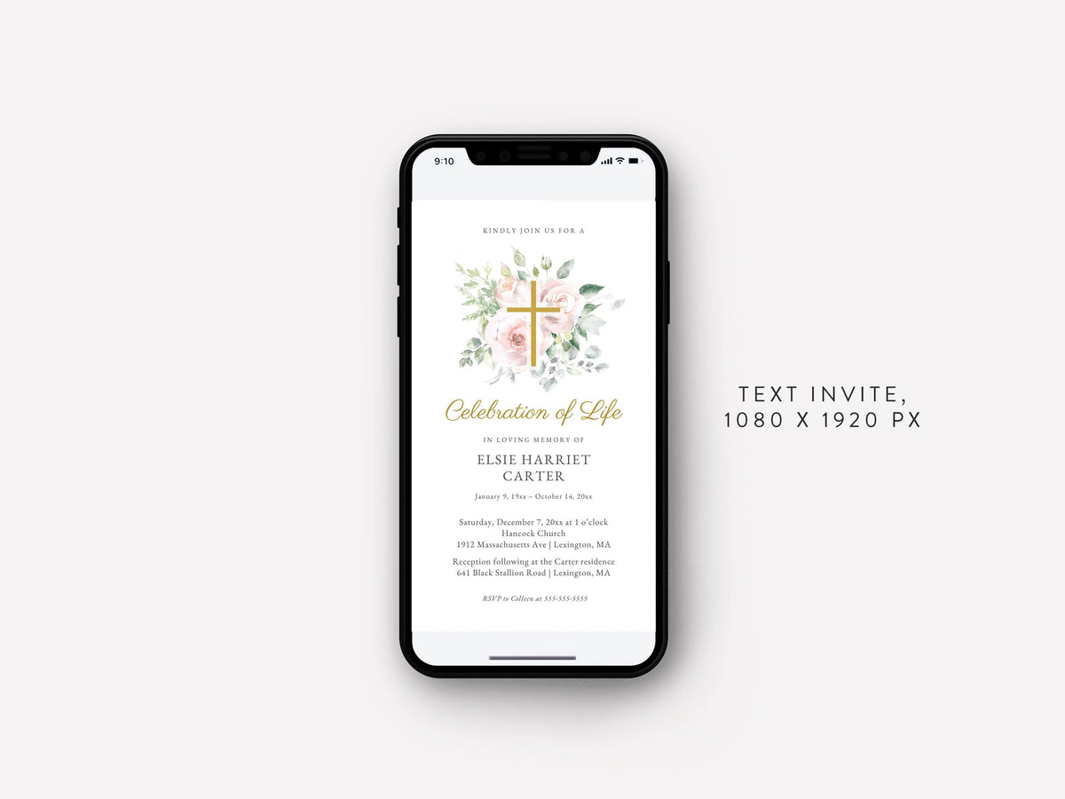 Floral Cross Memorial Text Invite | Canva Template (1080x1920 px)