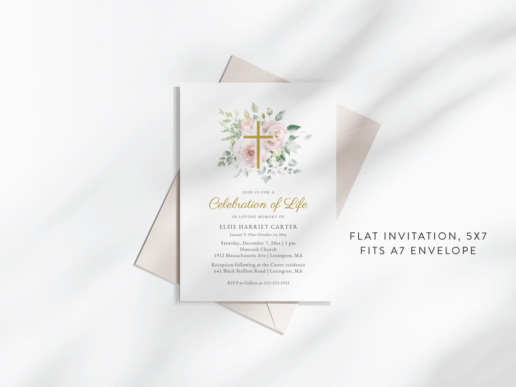 Floral Cross Memorial Invitation | Canva Template (5x7 in)