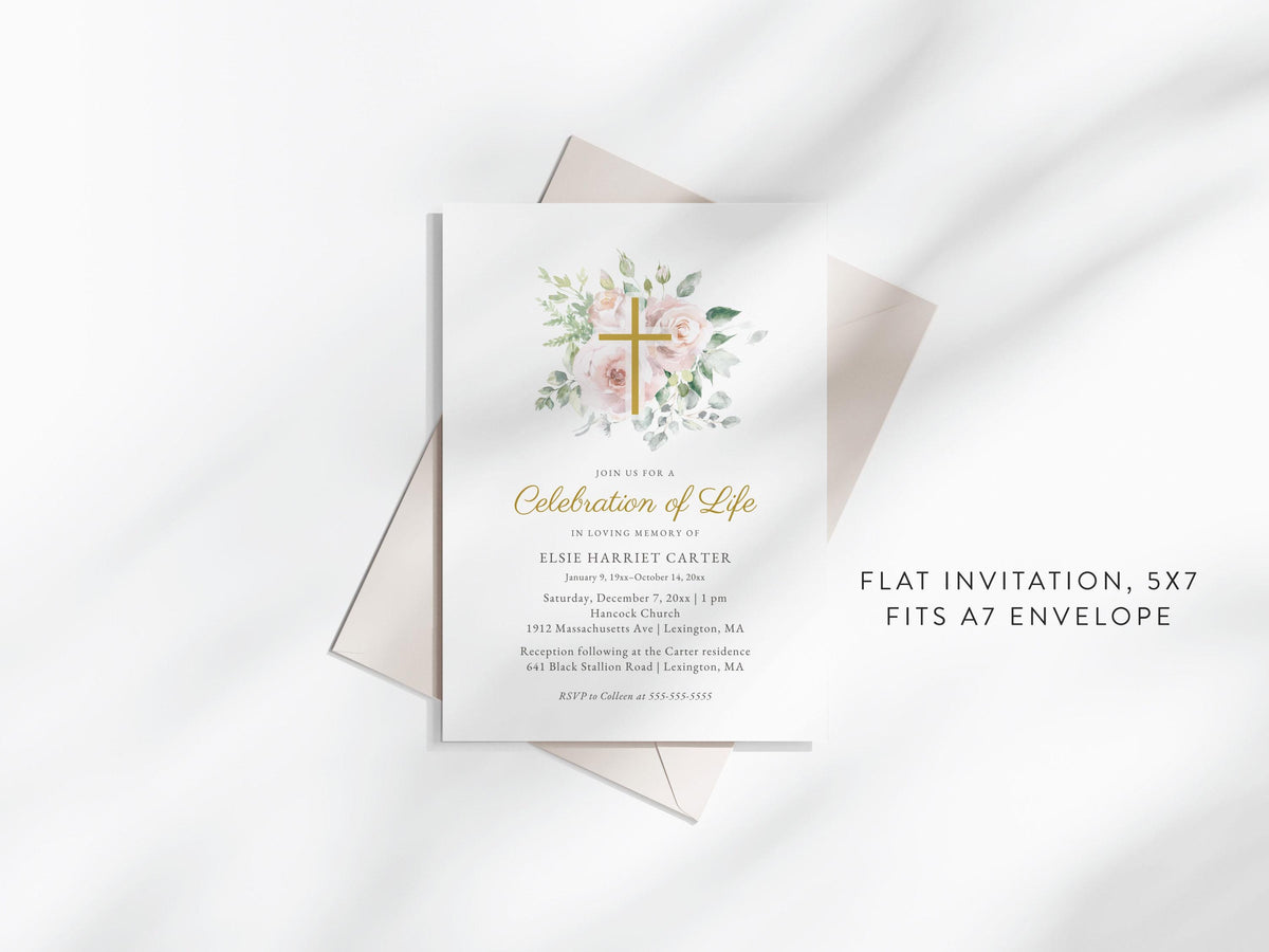 Floral Cross Memorial Invitation | Canva Template (5x7 in)